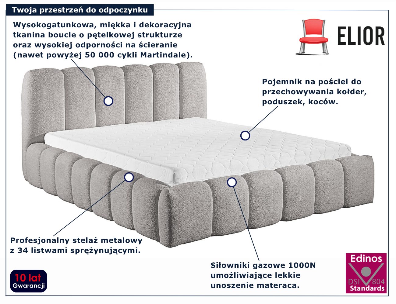 Szare łóżko chmurka tapicerowane tkaniną boucle Nuviano