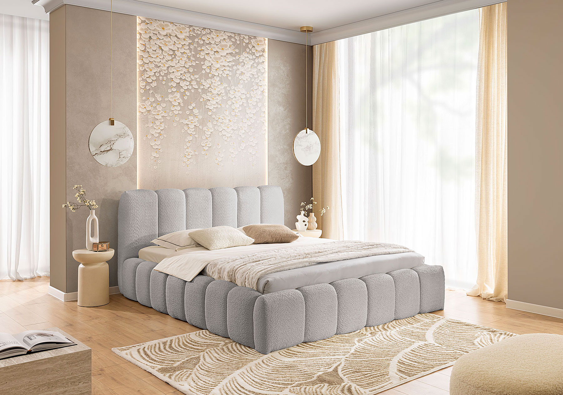 Aranżacja wnętrza z jasnoszarym łóżkiem Nuviano