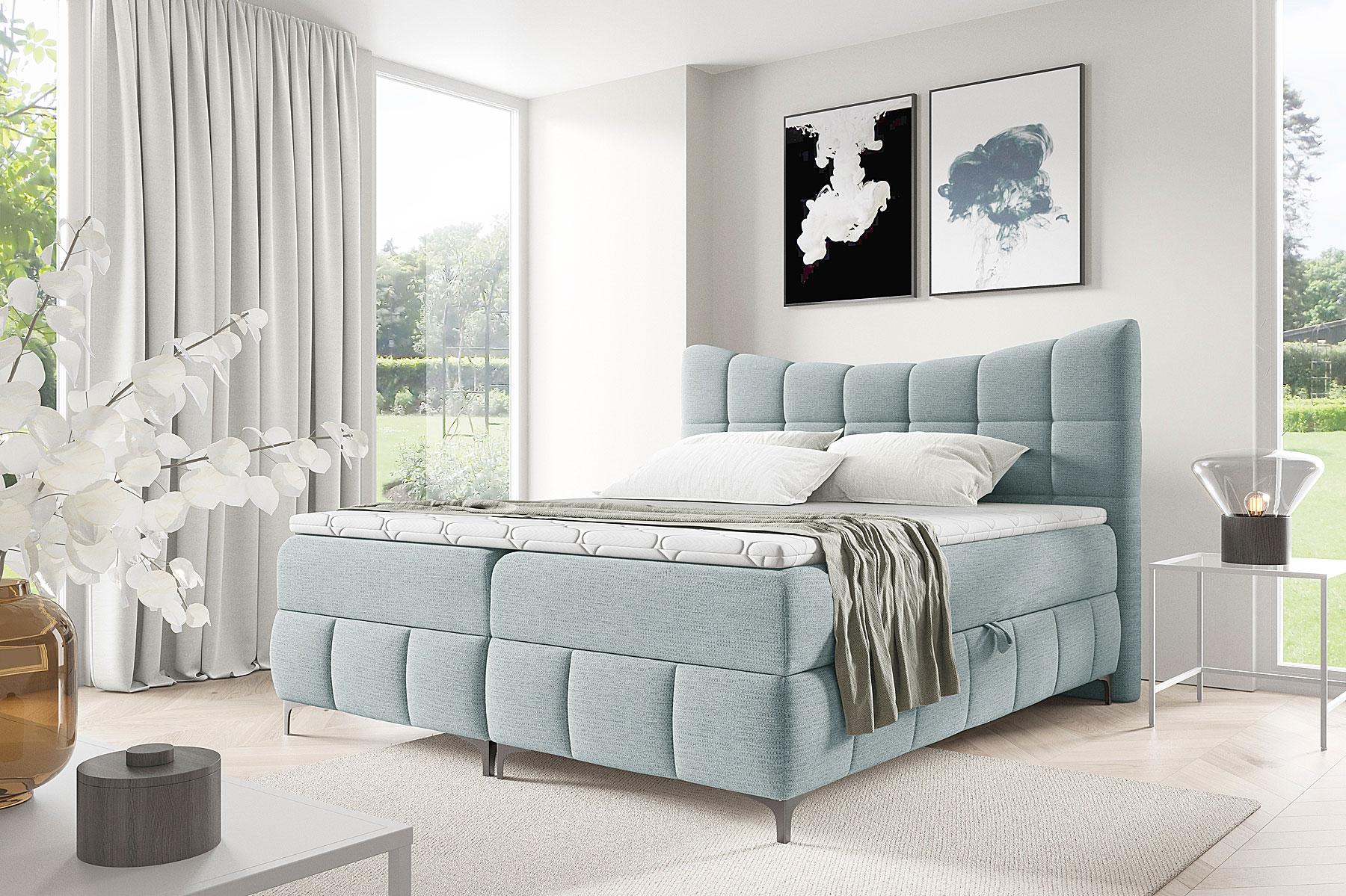 Aranżacja wnętrza z błękitnym łóżkiem Verrado