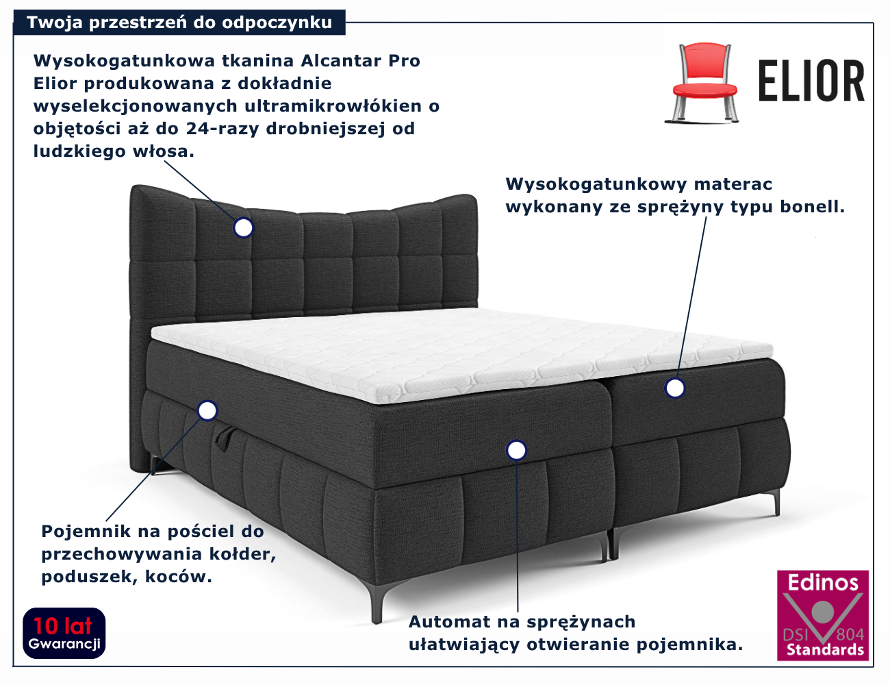 Łóżko kontynentalne z pikowanym zagłówkiem Verrado 