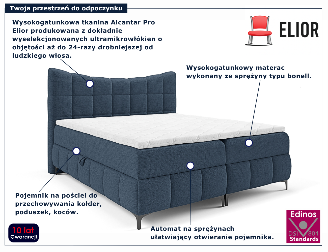 Granatowe łóżko kontynentalne z pikowanym zagłówkiem Verrado