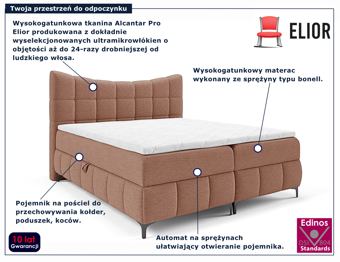 Łososiowe łóżko kontynentalne z pikowanym zagłówkiem Verrado 