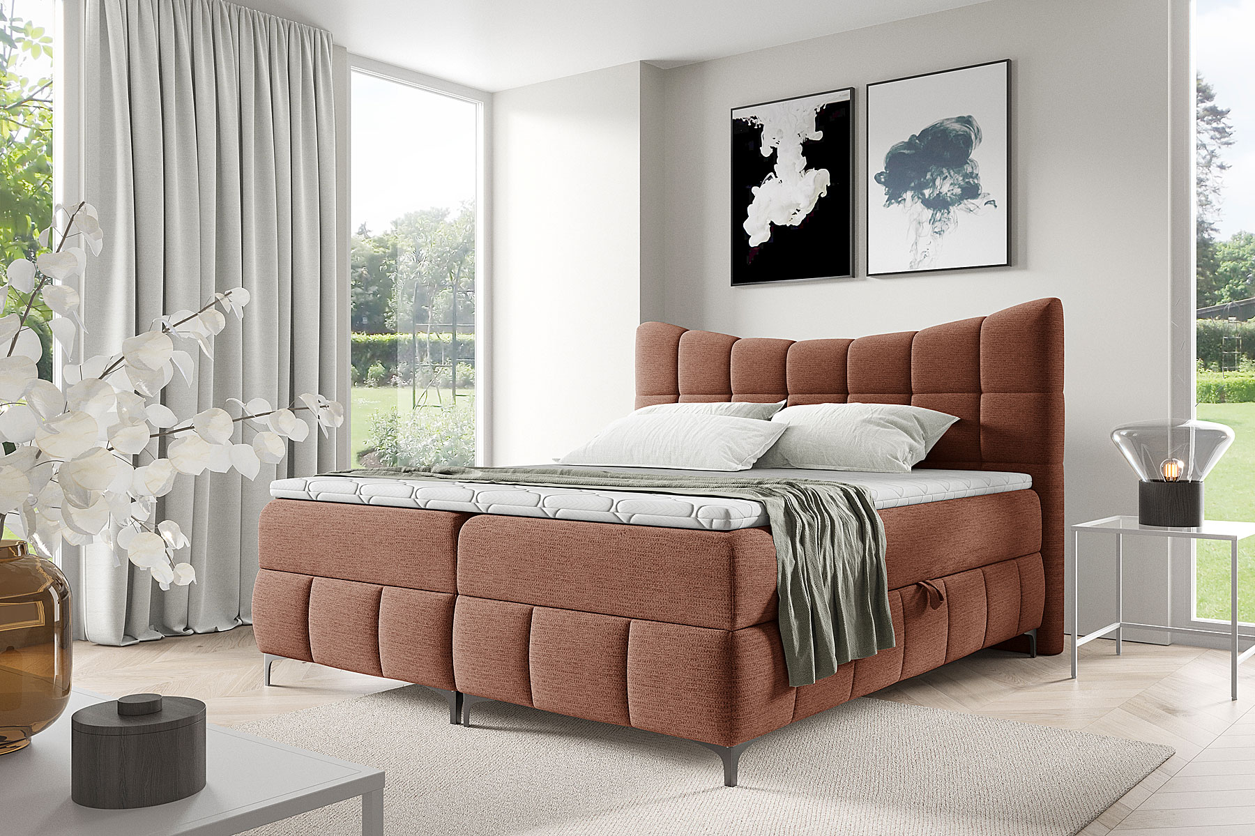 Aranżacja wnętrza z łososiowym łóżkiem Verrado