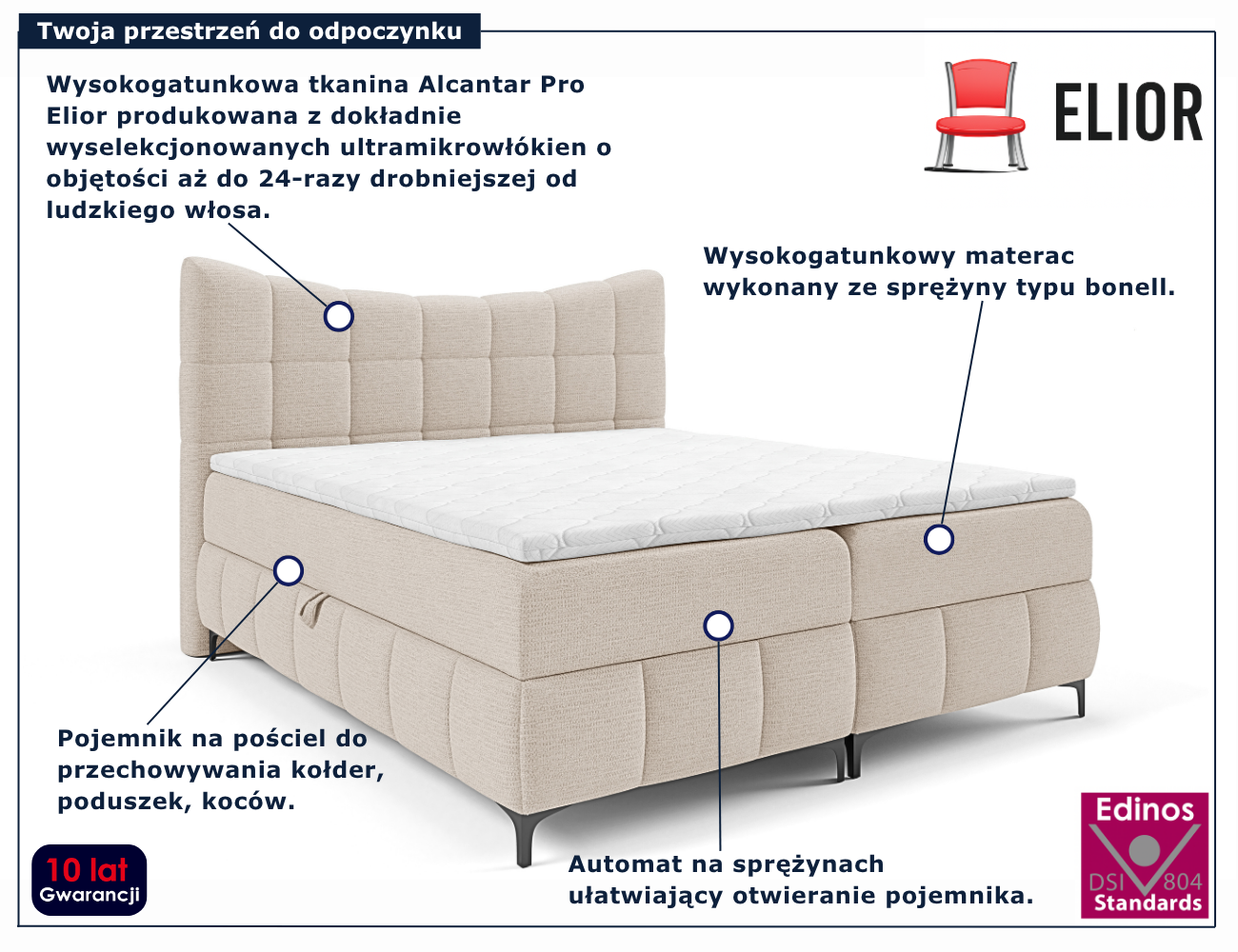 Beżowe łóżko kontynentalne z pikowanym zagłówkiem Verrado 