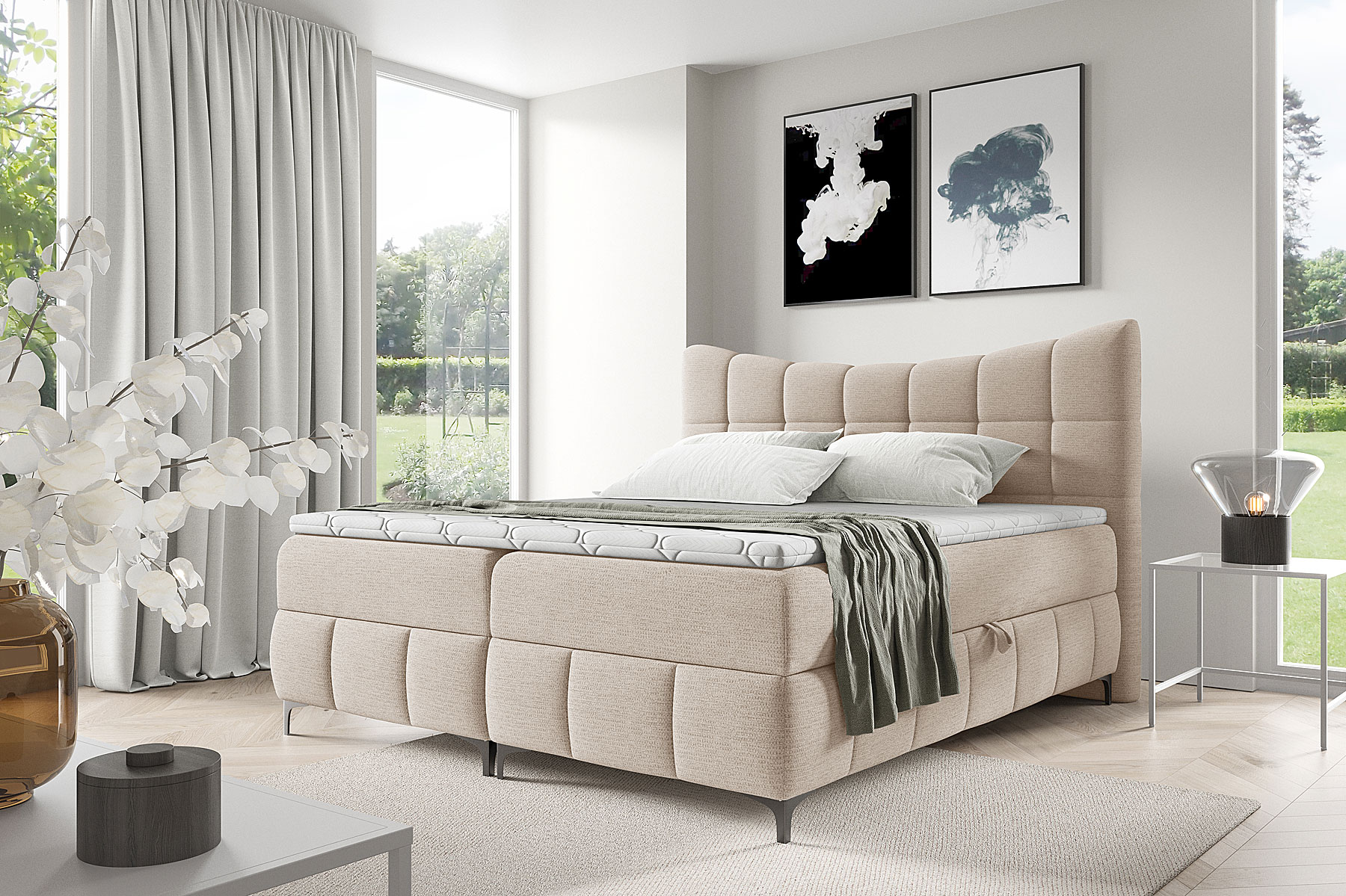 Aranżacja wnętrza z beżowym łóżkiem Verrado