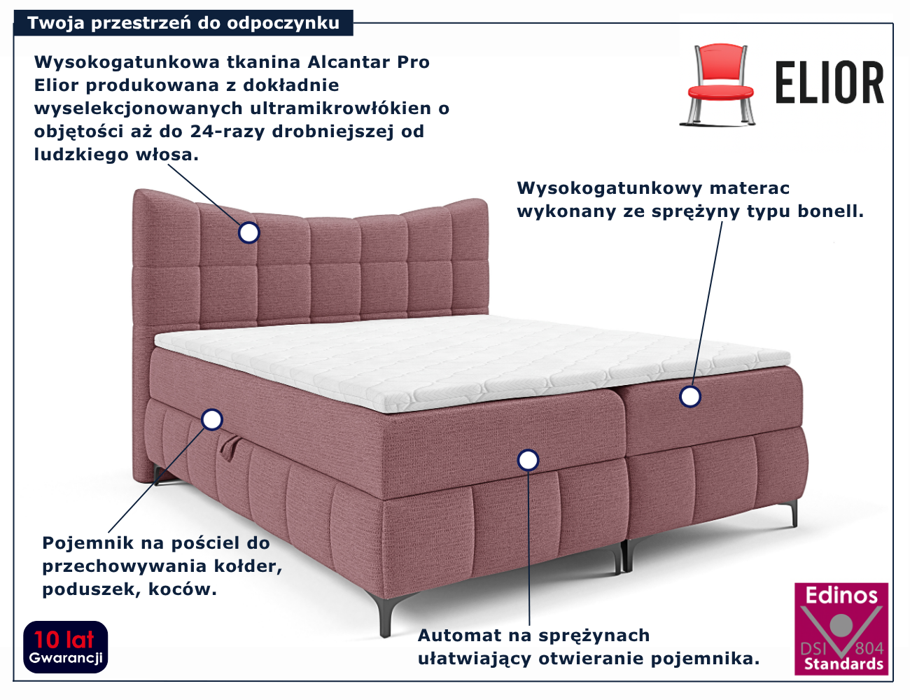 Różowe łóżko kontynentalne z pikowanym zagłówkiem Verrado 