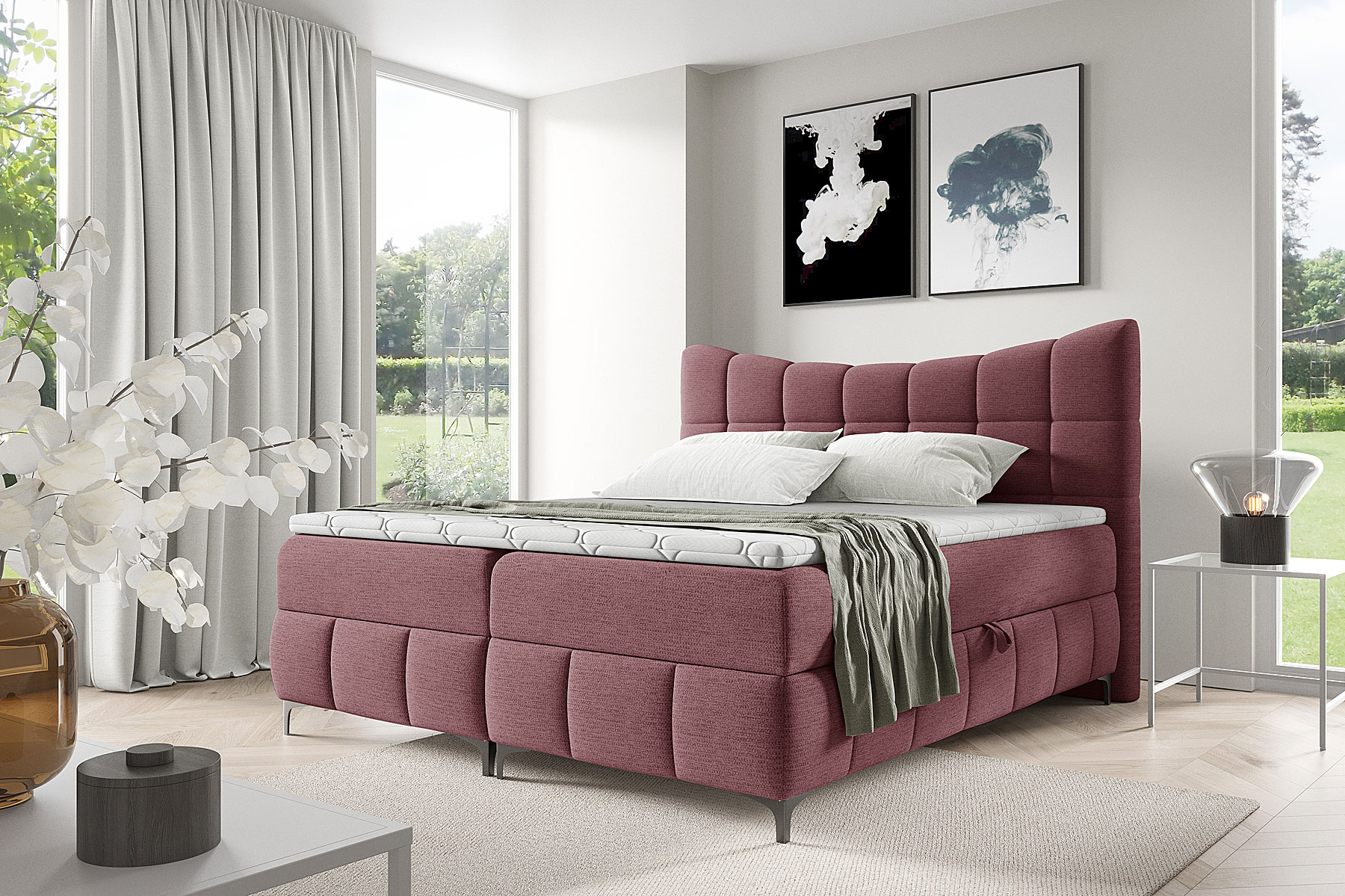 Aranżacja wnętrza z różowym łóżkiem Verrado