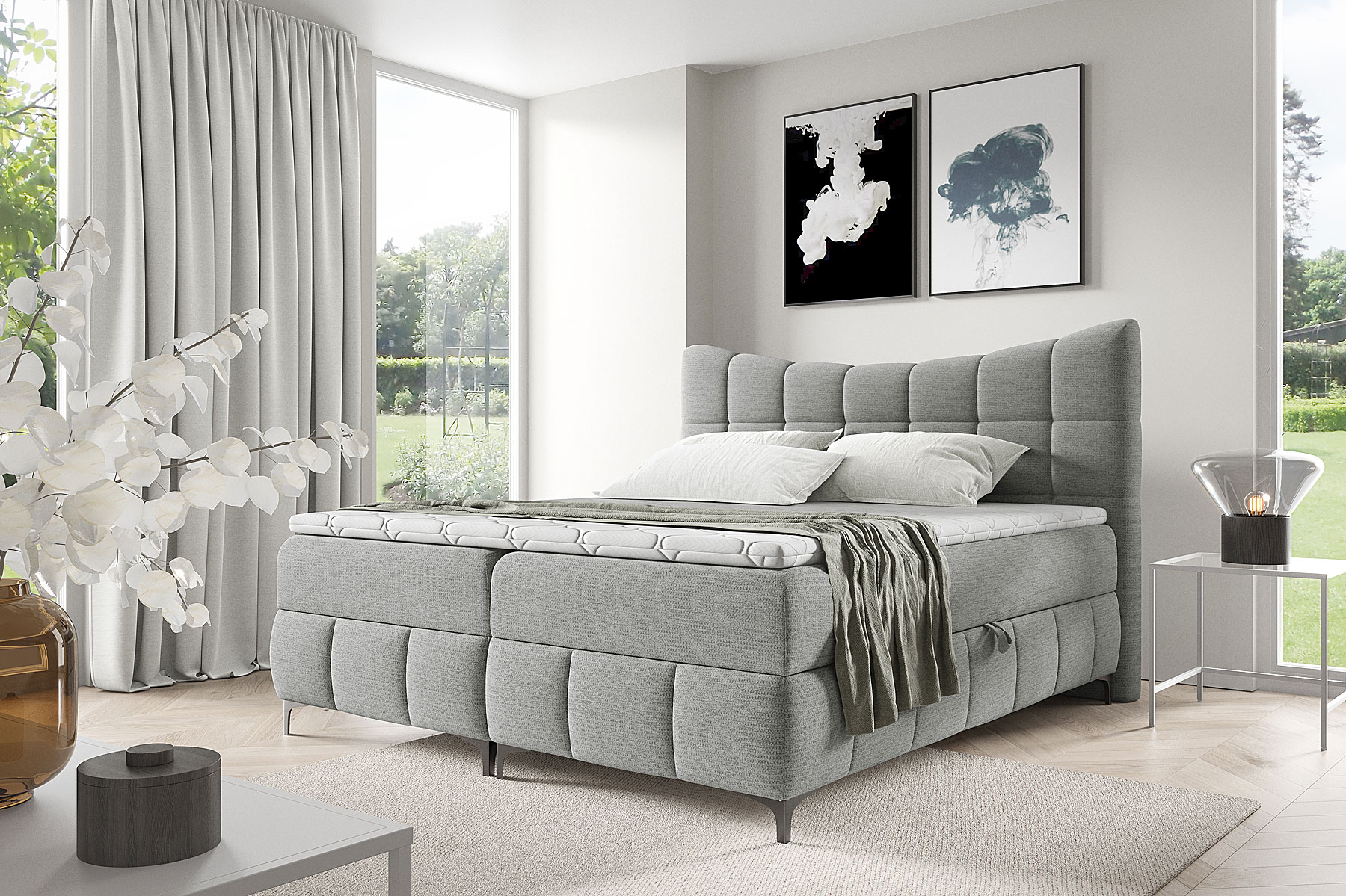 Aranżacja wnętrza z szaro-beżowym łóżkiem Verrado