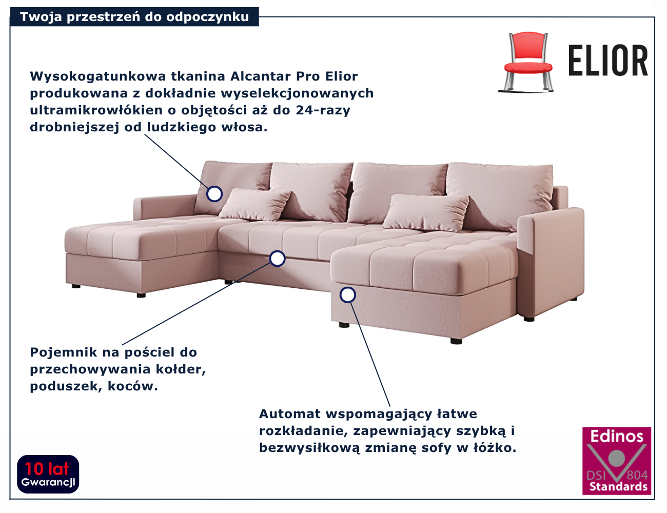 Nowoczesny różowy narożnik w literę U Ferrano 3X