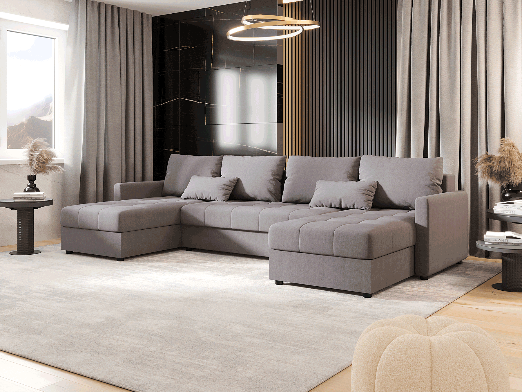 Wizualizacja wnętrza z szarym narożnikiem Ferrano 3X