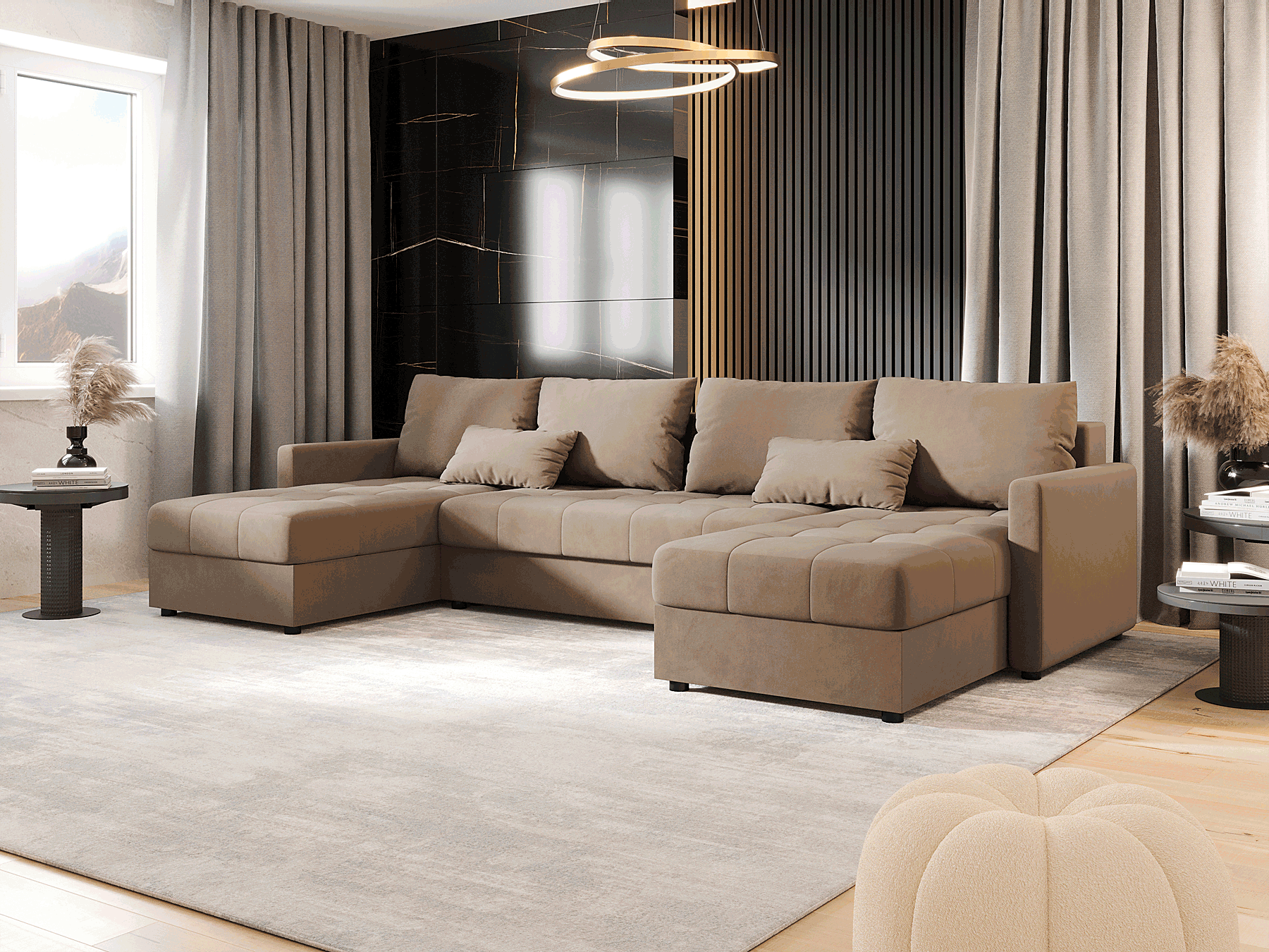 Wizualizacja wnętrza z beżowym narożnikiem Ferrano 4X