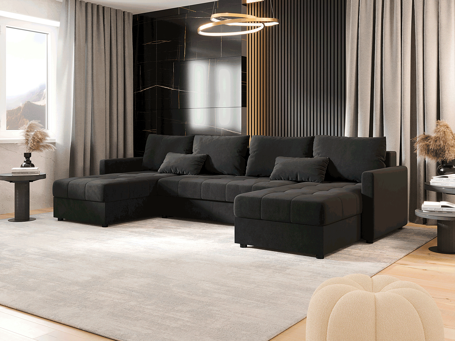 Wizualizacja wnętrza z ciemnoszarym narożnikiem Ferrano 4X