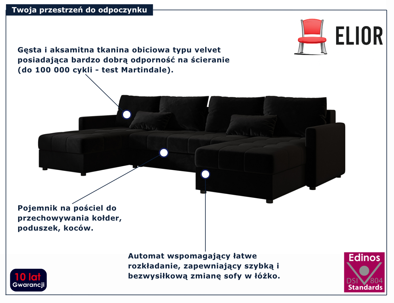 Nowoczesny czarny narożnik w literę U Ferrano 4X