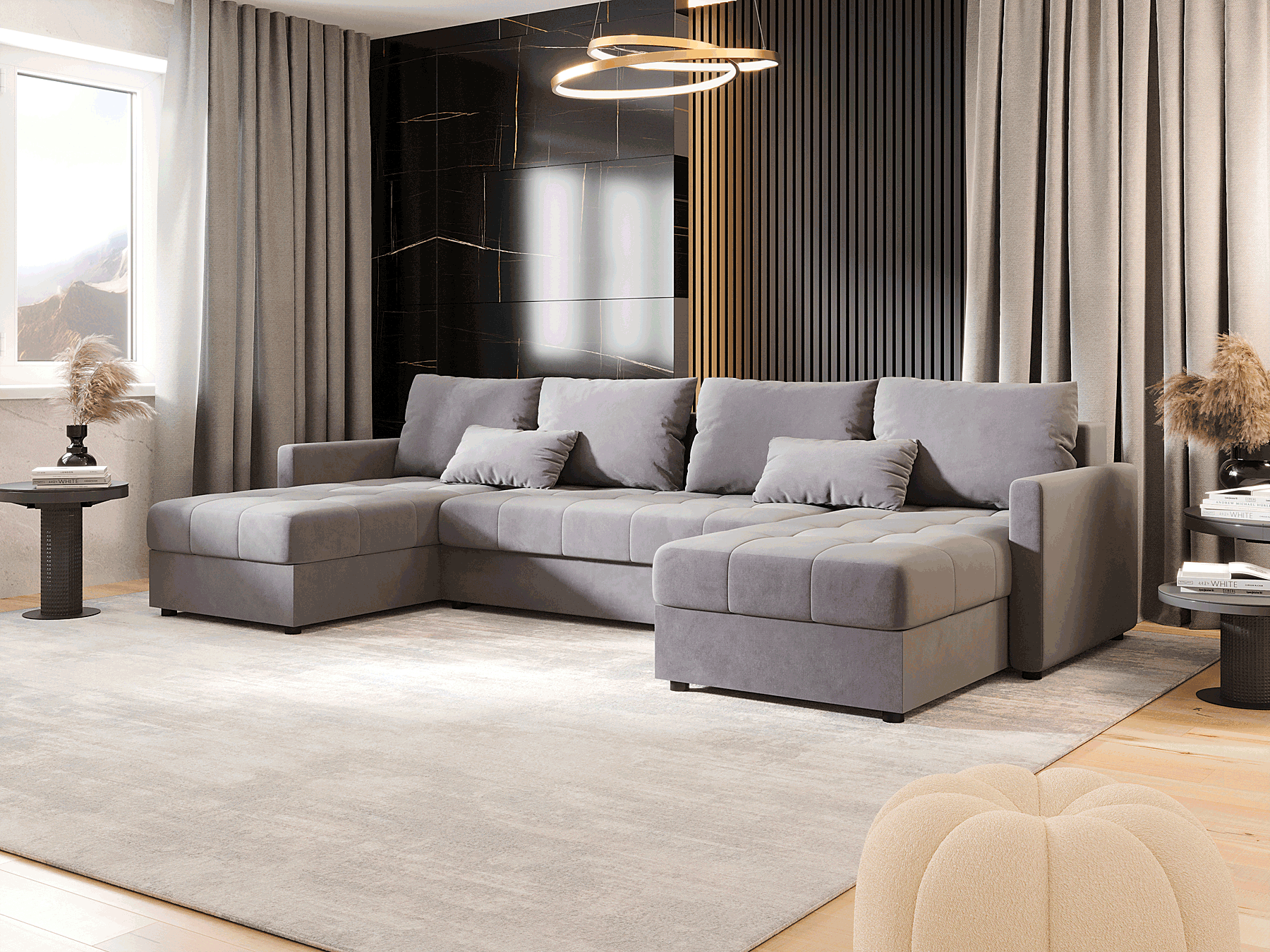 Wizualizacja wnętrza z szarym narożnikiem Ferrano 4X