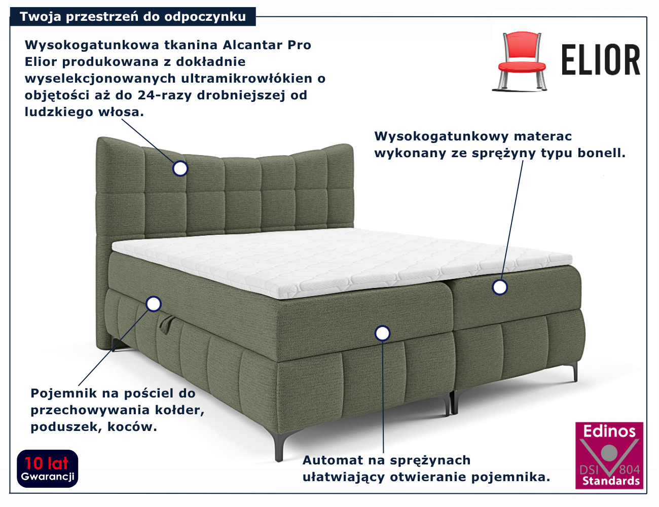 Zielone łóżko kontynentalne z pikowanym zagłówkiem Verrado 