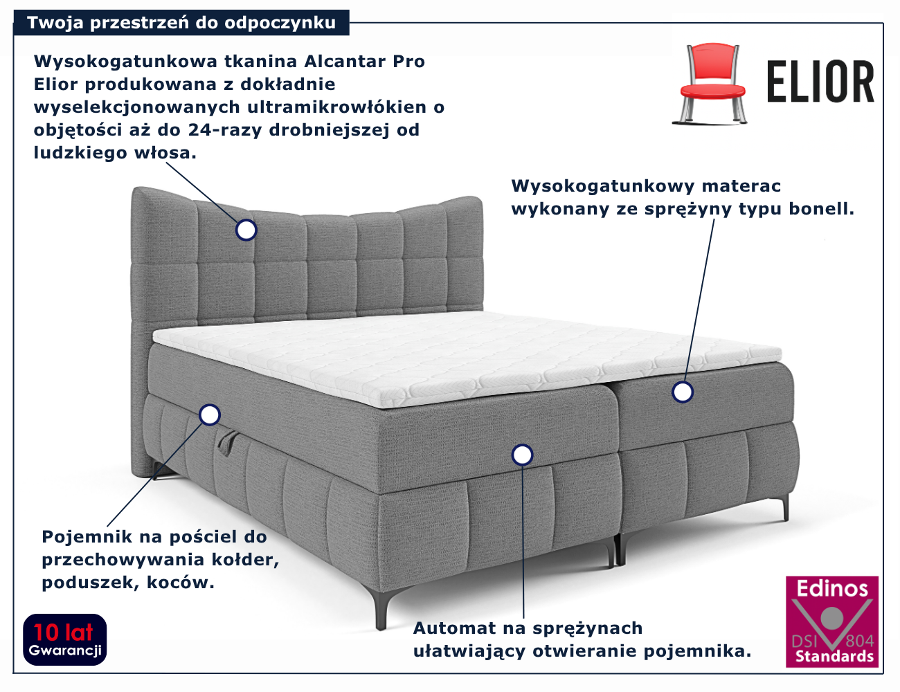 Szare łóżko kontynentalne z pikowanym zagłówkiem Verrado 