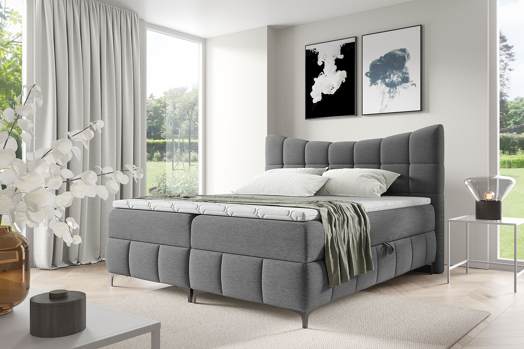 Aranżacja wnętrza z szarym łóżkiem Verrado