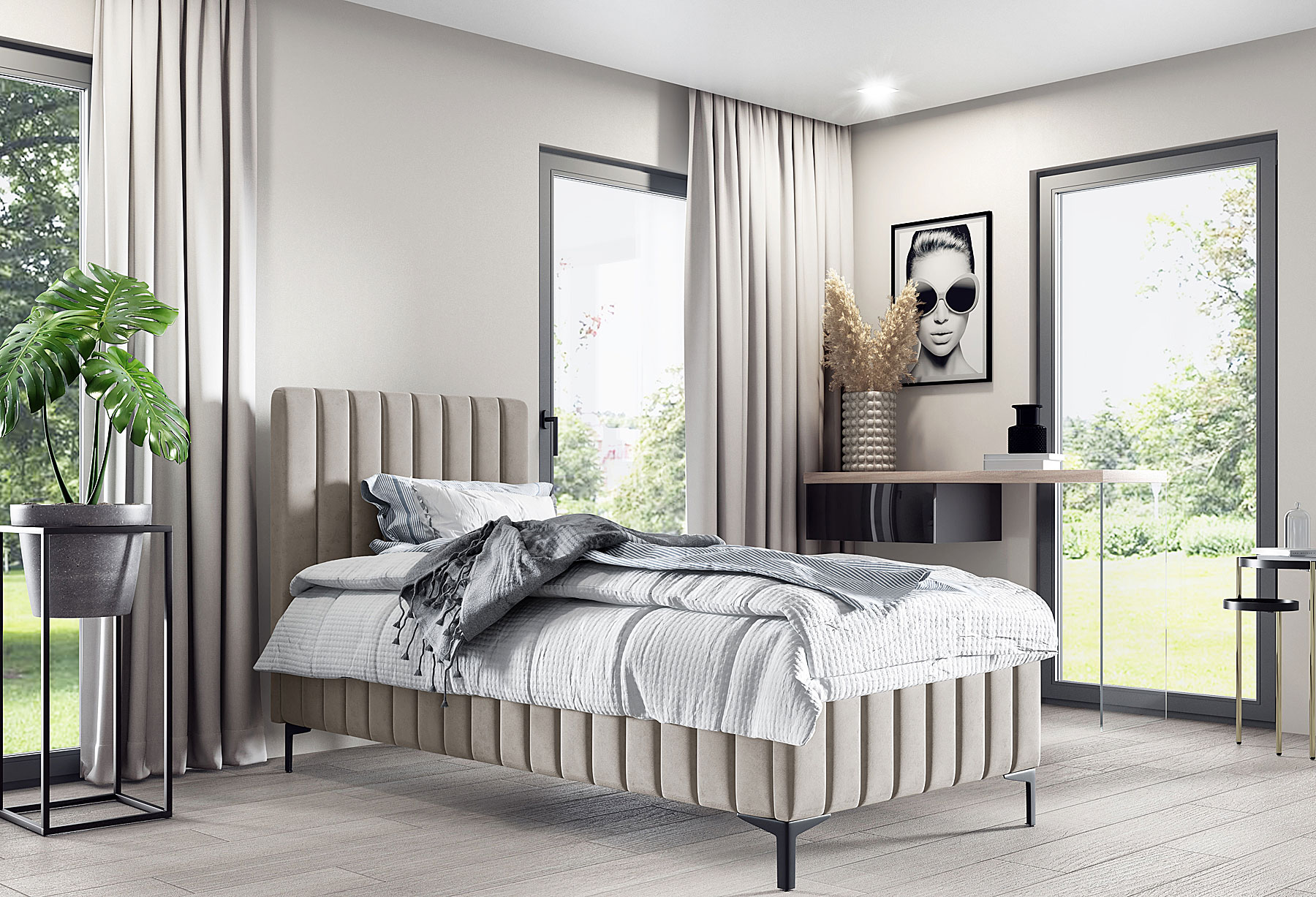 Aranżacja wnętrza z beżowym łóżkiem Larrino