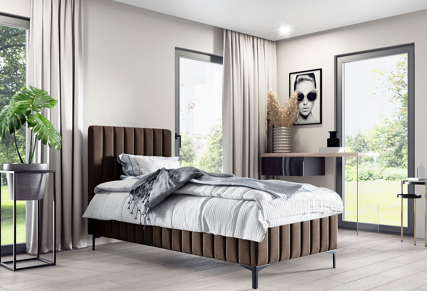 Aranżacja wnętrza z brązowym łóżkiem Larrino