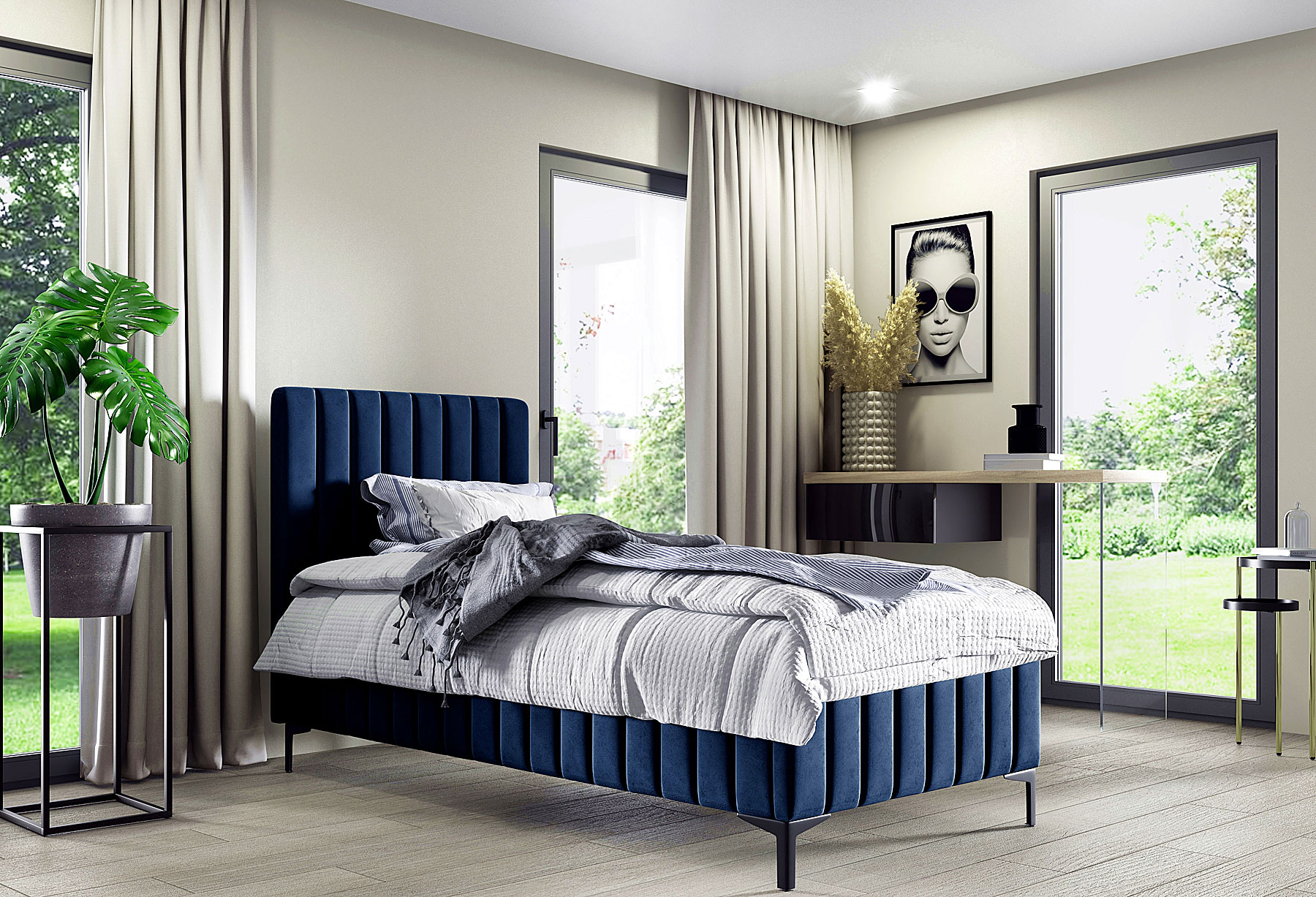 Aranżacja wnętrza z granatowym łóżkiem Larrino