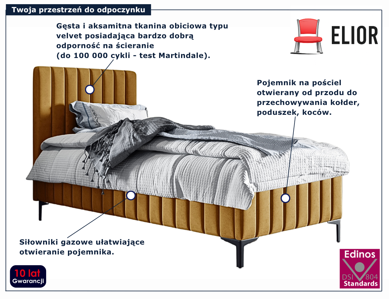 Musztardowe łóżko pojedyncze z zagłówkiem Larrino