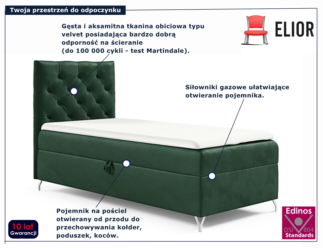 Ciemnozielone łóżko pojedyncze z zagłówkiem Ferriso