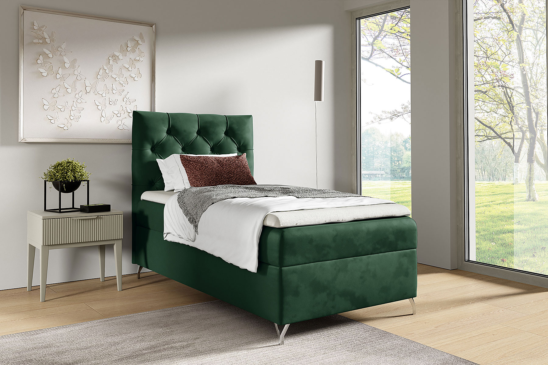 Aranżacja wnętrza z ciemnozielonym łóżkiem Larrino