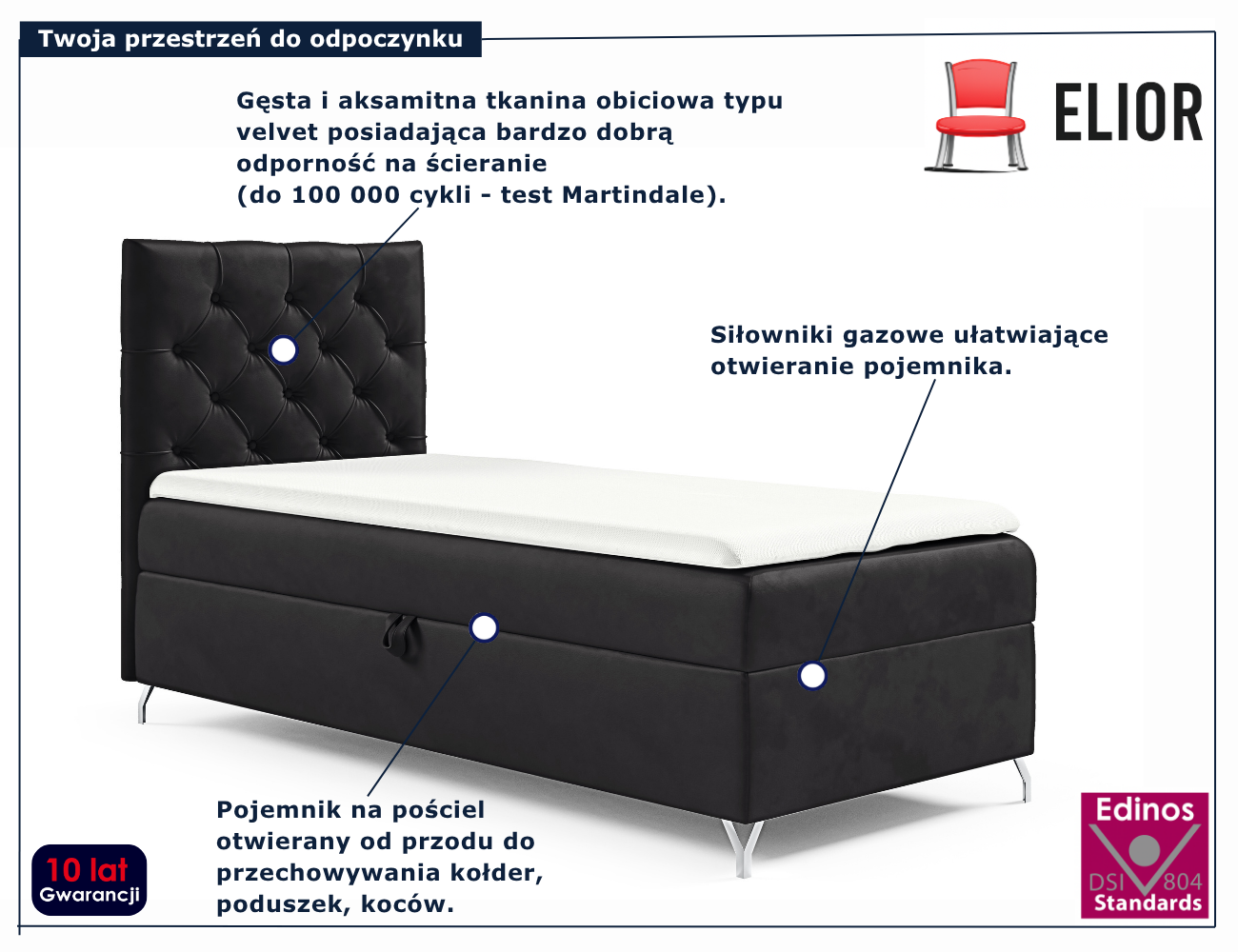 Czarme łóżko pojedyncze z zagłówkiem Ferriso