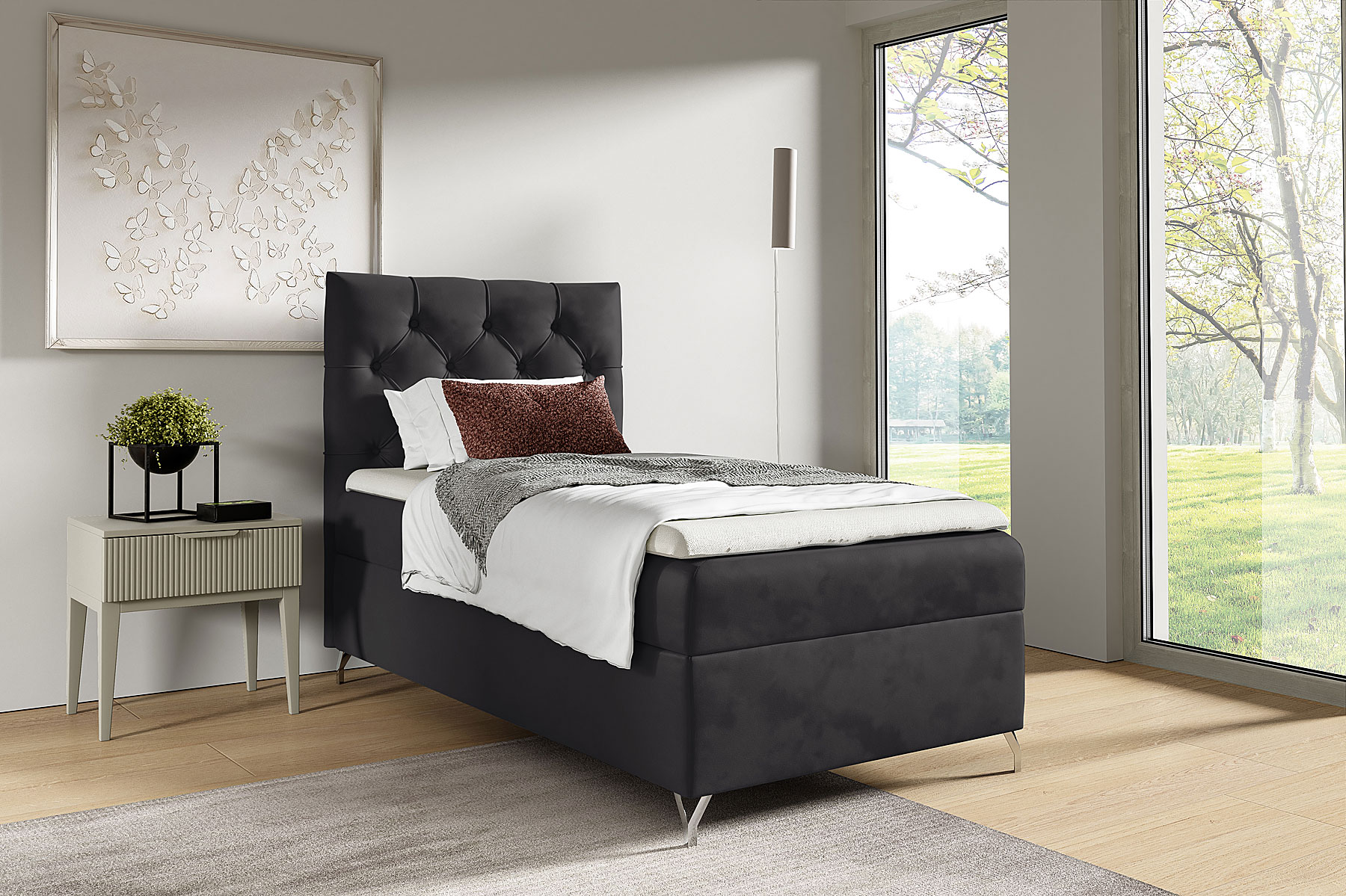 Aranżacja wnętrza z czarnym łóżkiem Larrino