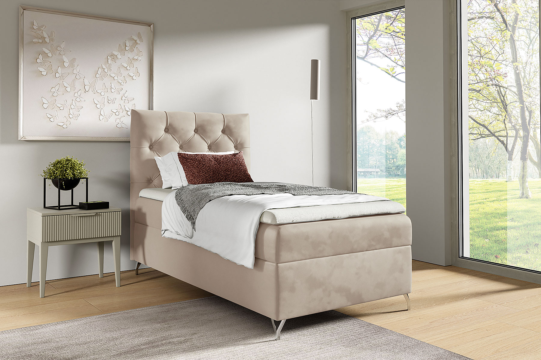 Aranżacja wnętrza z szaro-różowym łóżkiem Larrino