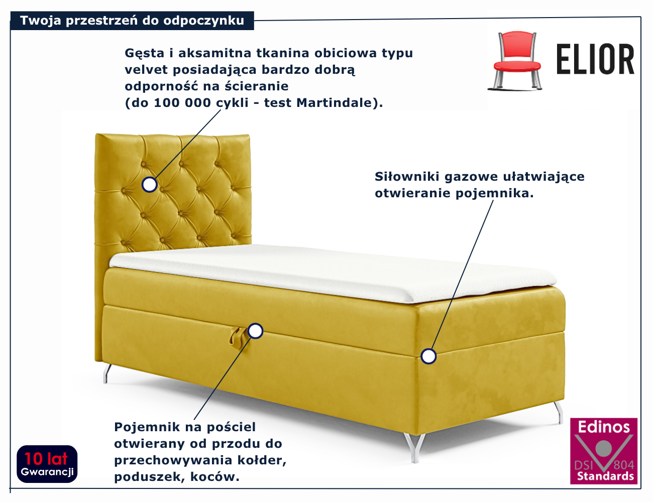 Żółte łóżko pojedyncze z zagłówkiem Ferriso