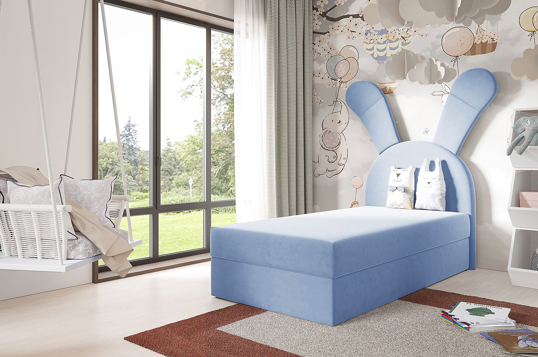 Aranżacja wnętrza z niebieskim łóżkiem Kikori