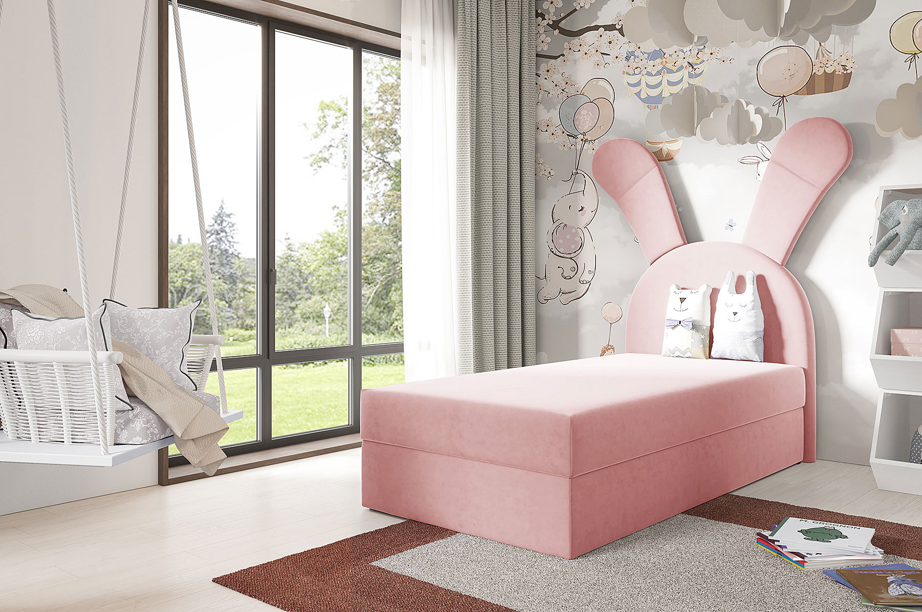 Aranżacja wnętrza z różowym łóżkiem Kikori