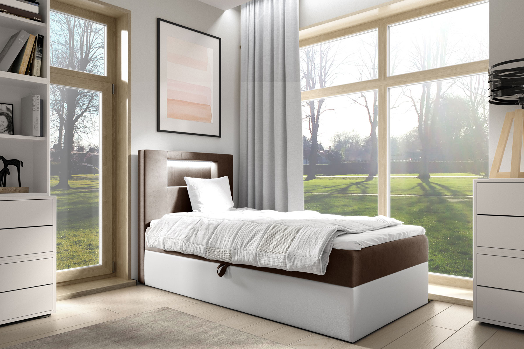 Aranżacja wnętrza z brązowym łóżkiem Fenarro