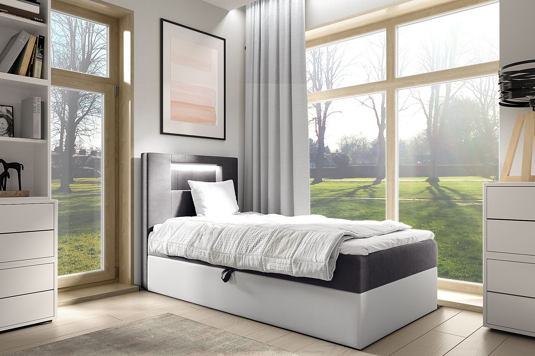 Aranżacja wnętrza z ciemnoszarym łóżkiem Fenarro