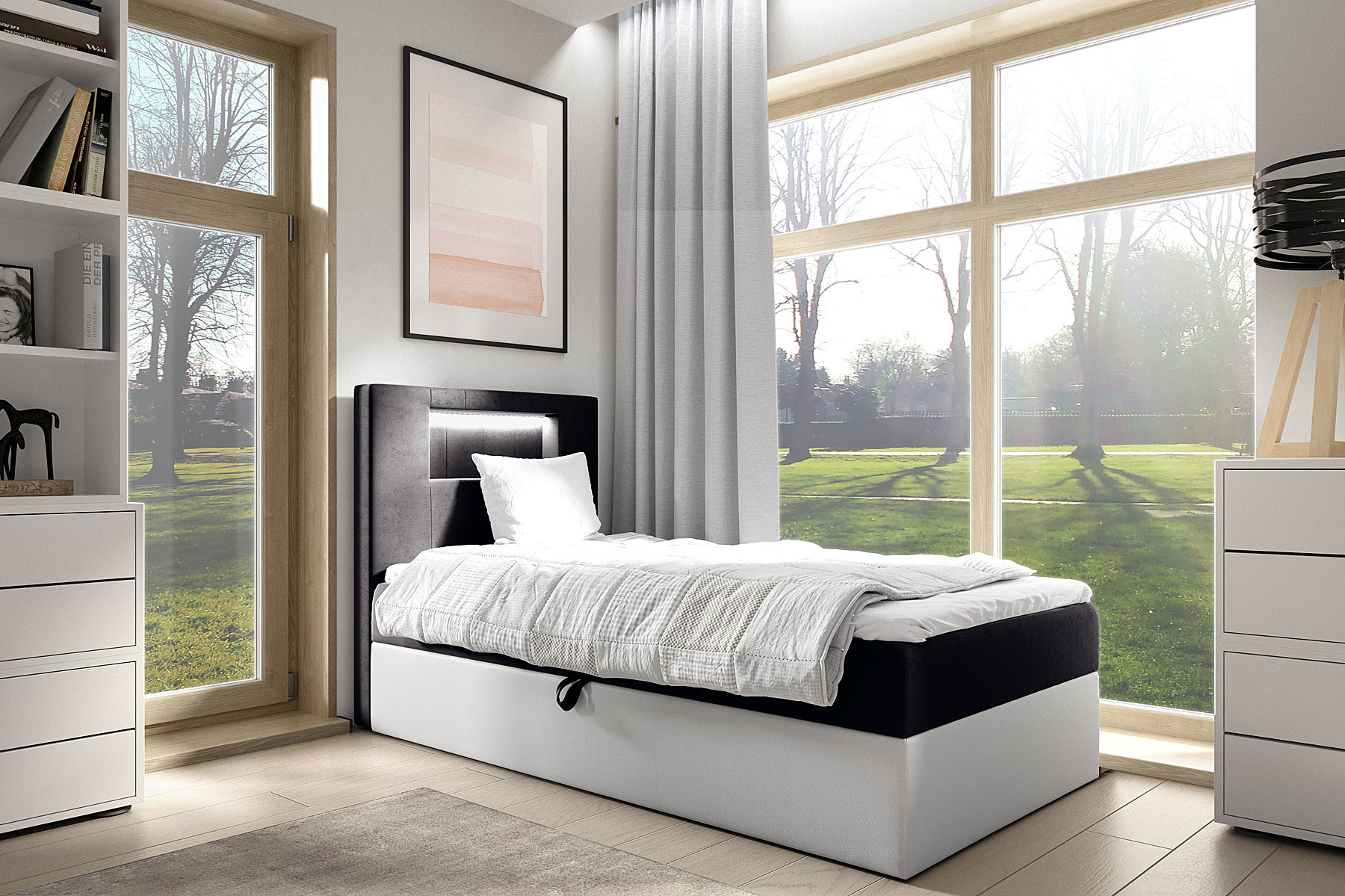 Aranżacja wnętrza z czarnym łóżkiem Fenarro