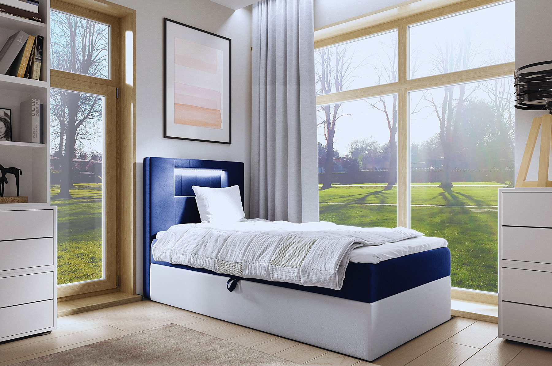 Aranżacja wnętrza z granatowym łóżkiem Fenarro