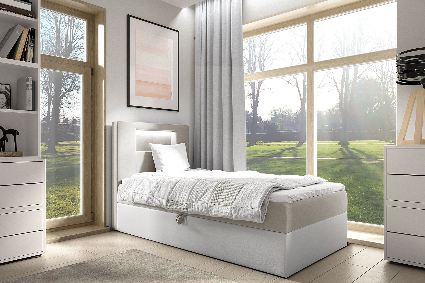 Aranżacja wnętrza z jasnoszarym łóżkiem Fenarro