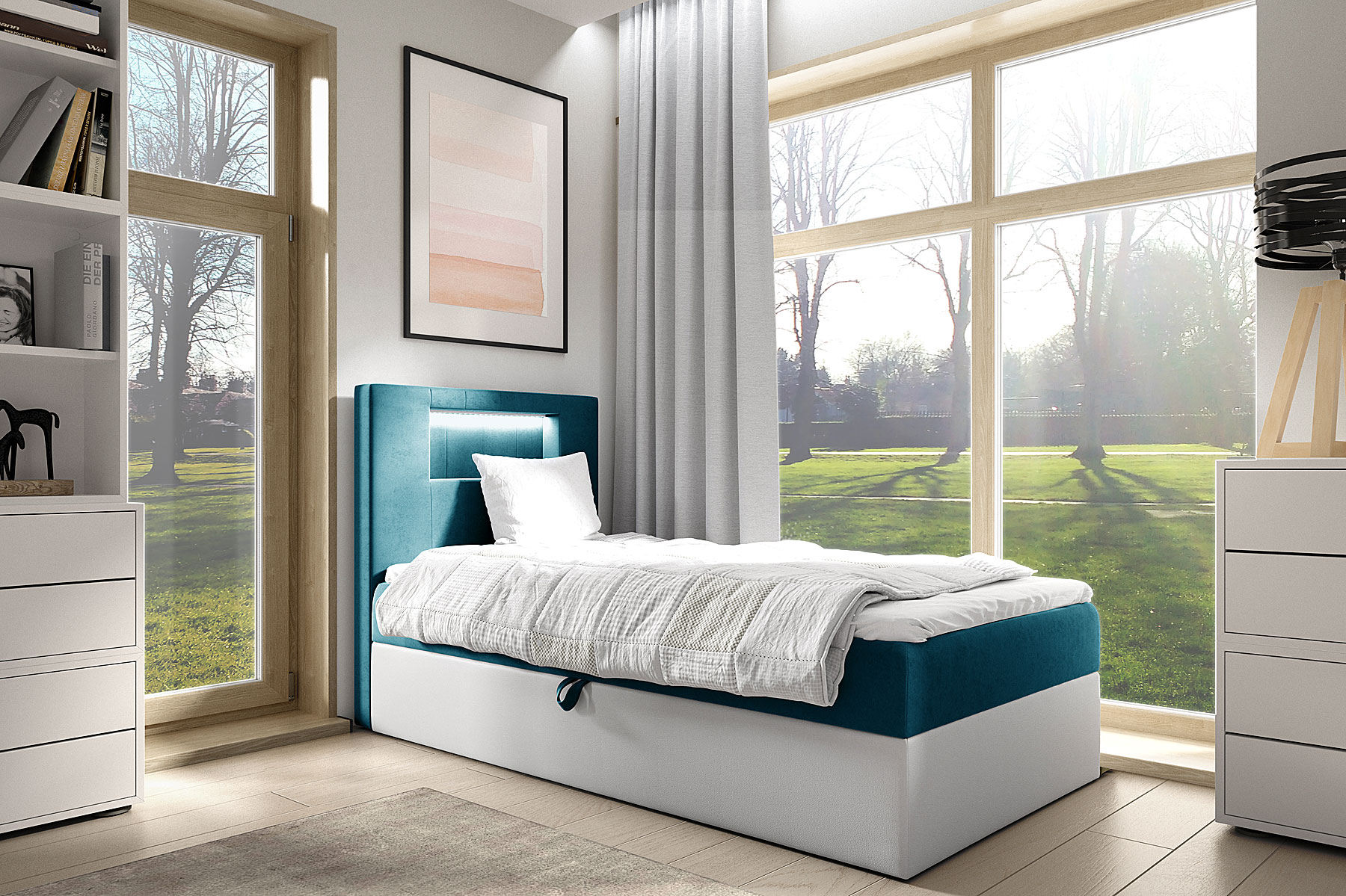 Aranżacja wnętrza z niebieskim łóżkiem Fenarro