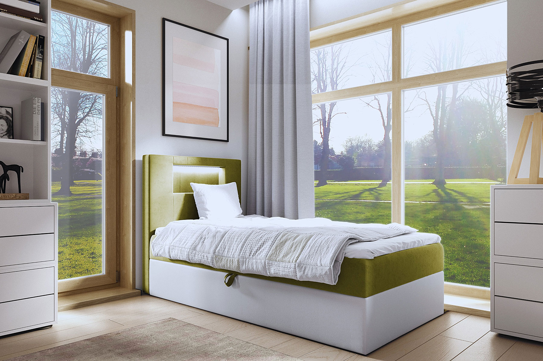 Aranżacja wnętrza z oliwkowym łóżkiem Fenarro