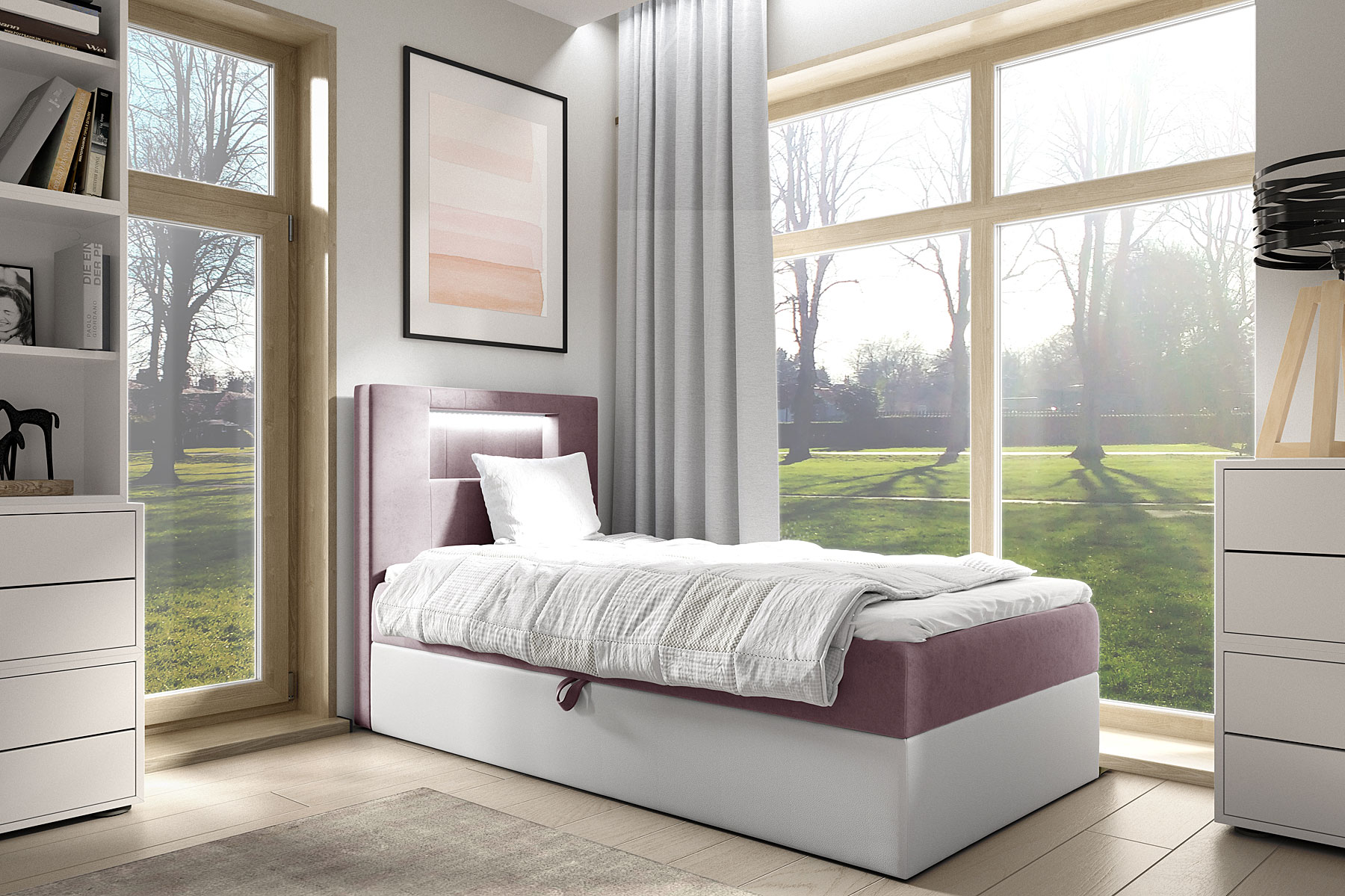 Aranżacja wnętrza z różowym łóżkiem Fenarro