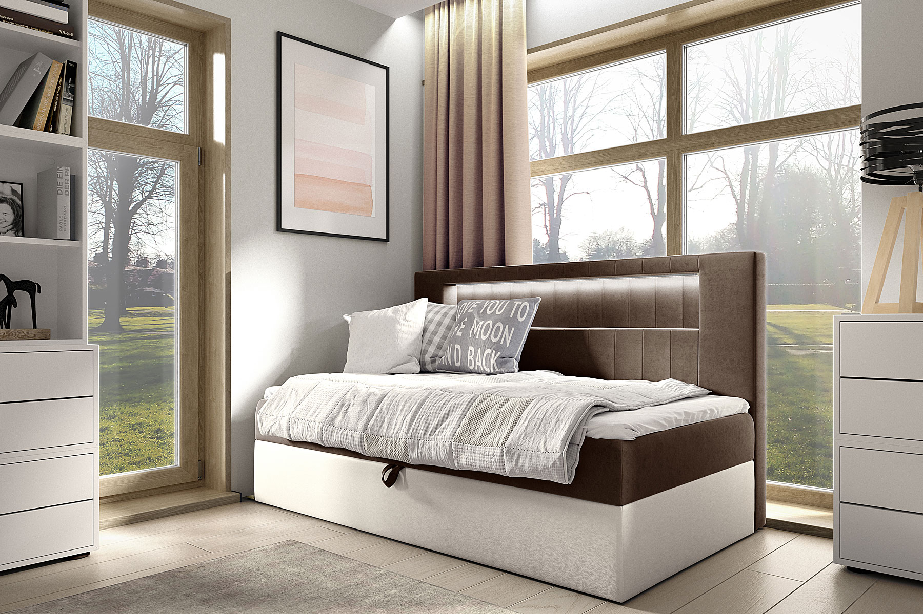 Aranżacja wnętrza z brązowym łóżkiem Lorvani