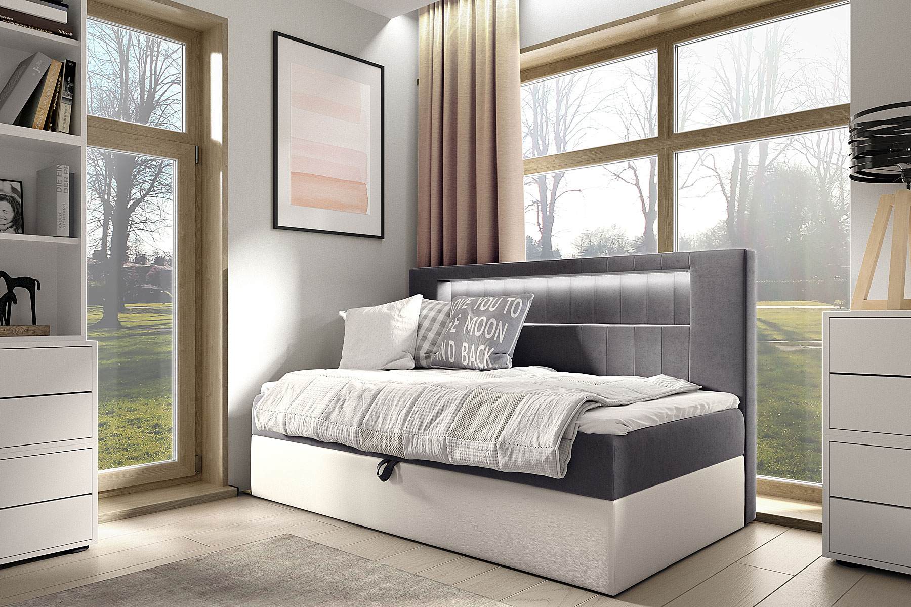 Aranżacja wnętrza z ciemnoszarym łóżkiem Lorvani