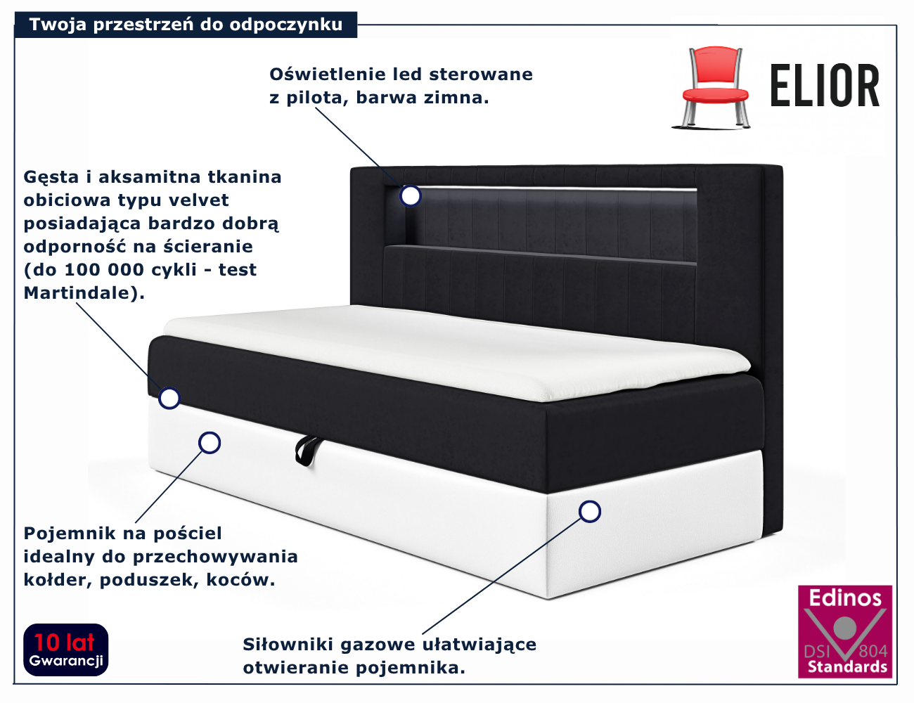 Czarne łóżko kontynentalne Lorvani