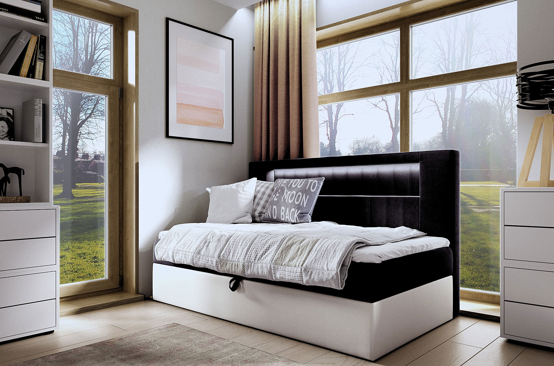 Aranżacja wnętrza z czarne łóżkiem Lorvani