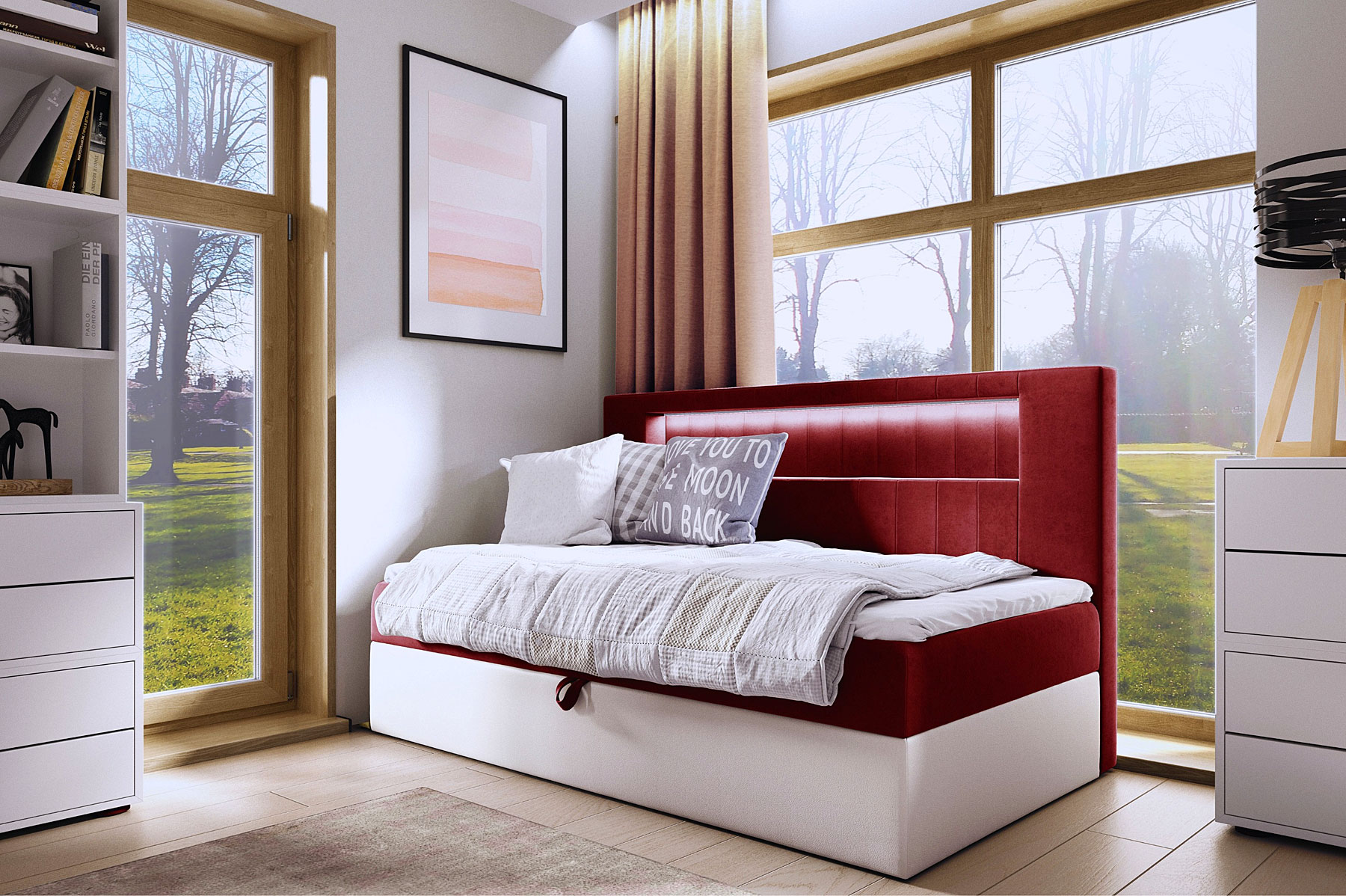 Aranżacja wnętrza z czerwonym łóżkiem Lorvani