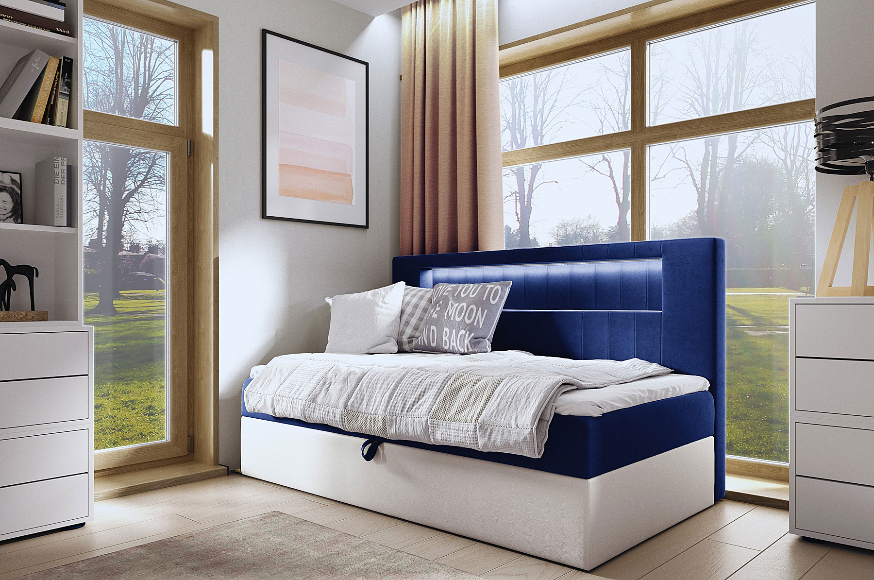 Aranżacja wnętrza z granatowym łóżkiem Lorvani