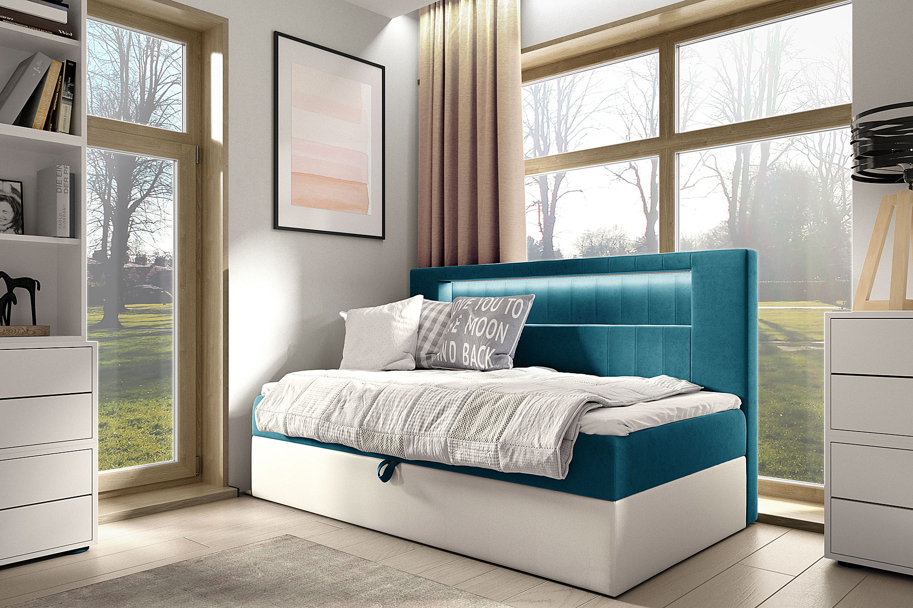 Aranżacja wnętrza z niebieskim łóżkiem Lorvani