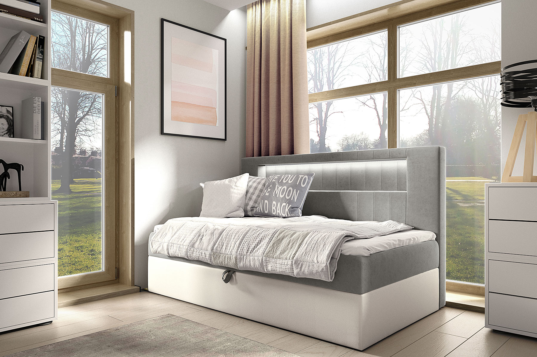 Aranżacja wnętrza z szarym łóżkiem Lorvani