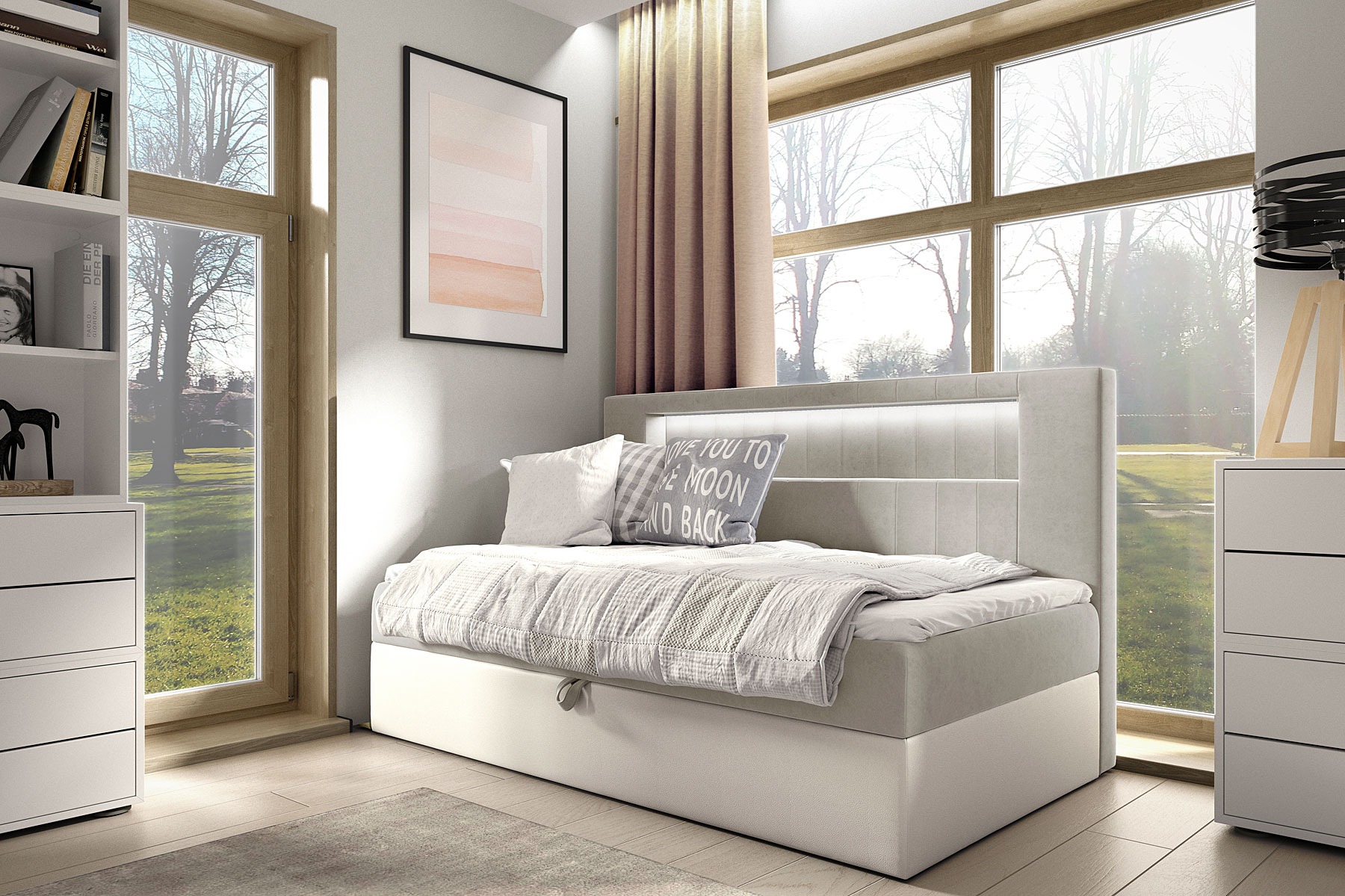 Aranżacja wnętrza z jasnoszarym łóżkiem Lorvani